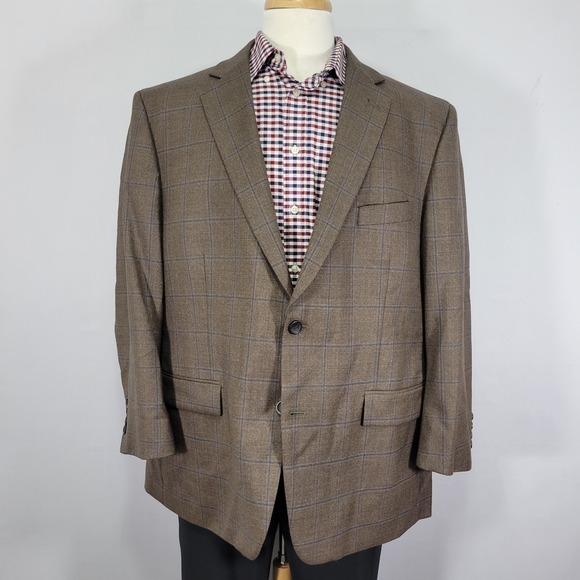 Joseph Feiss Gold Men's Sport Coat Blazer Two Button‎ Brown Plaid Wool 48S
